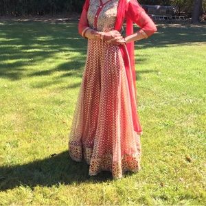 Pakistani 3 piece red gold maxi dress